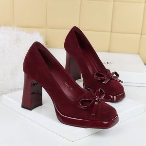 9987-H81 Korean Style Square-toe Waterproof Platform High Heels Suede Bow Decorative Women's Shoes Shallow Mouth Super High Heel Shoes