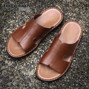 Purely Handmade Men's Leather Slippers for Summer Outer Wear, Non-Slip, Simple Slip-Ons, Soft Leather, Soft Sole, Genuine Leather Men's Slippers for Delivery